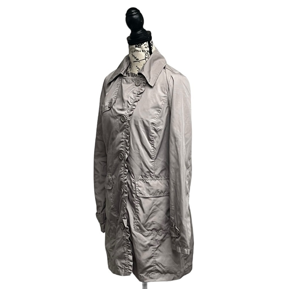 Vintage JouJou Gray Trench Coat Women’s M | Y2K Ruffle Button Up Retro Preppy - Picture 3 of 10